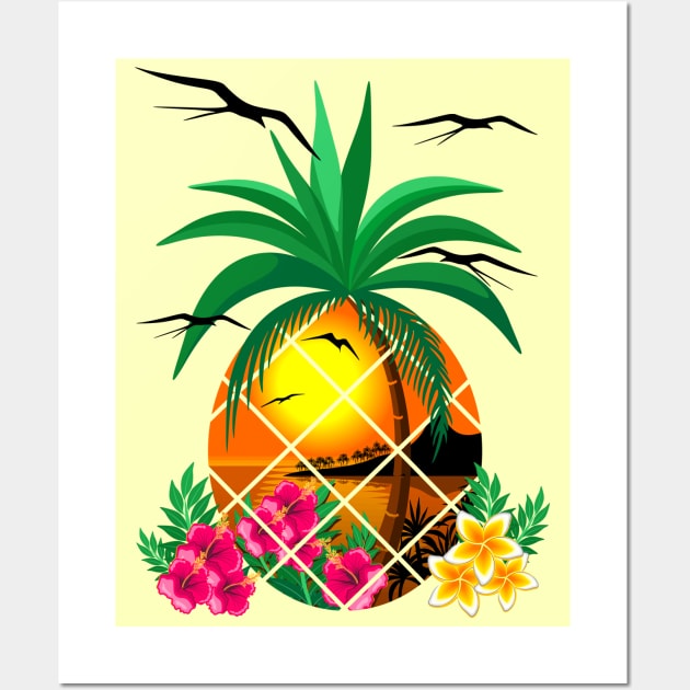 Pineapple Tropical Sunset, PalmTree and Flowers Wall Art by BluedarkArt